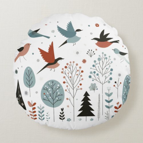 Nordic birds soaring above the trees in the sky round pillow