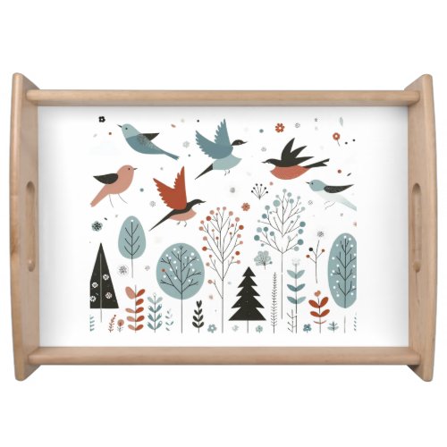 Nordic birds soaring above the trees in the sky serving tray