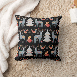 Nordic Black Reindeer Christmas Tree Floral Throw Pillow