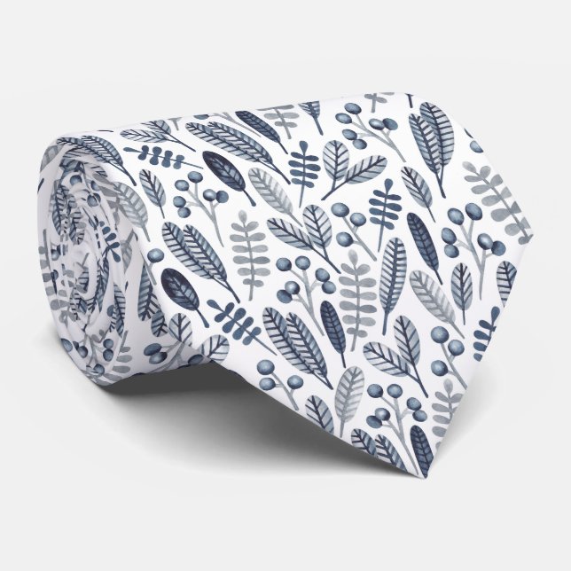 Nordic Blue and Gray Leaf Pattern Neck Tie (Rolled)