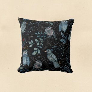 Nordic Blue Bird Owl Floral Watercolor Throw Pillow