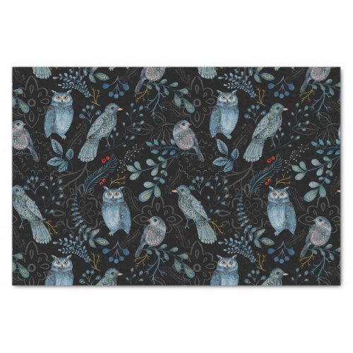 Nordic Blue Bird Owl Floral Watercolor Tissue Paper