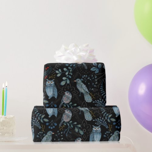 Nordic Blue Bird Owl Floral Watercolor Wrapping Paper