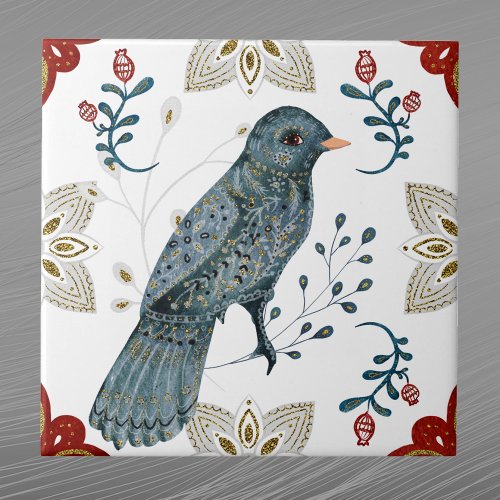 Nordic Blue Bird Watercolor Folk Art Ceramic Tile