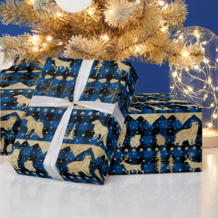 Nordic Blue Buffalo Plaid Gold Winter Animals Wrapping Paper