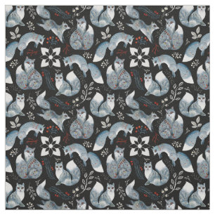 Nordic Blue Fox Red Greenery Watercolor Fabric