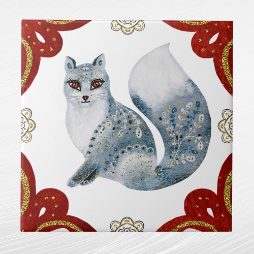 Nordic Blue Fox Watercolor Folk Art Ceramic Tile