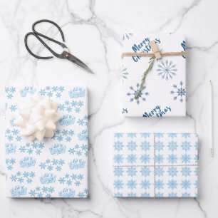 Nordic Blue Merry Christmas Let It Snow Snowflakes Wrapping Paper Sheets