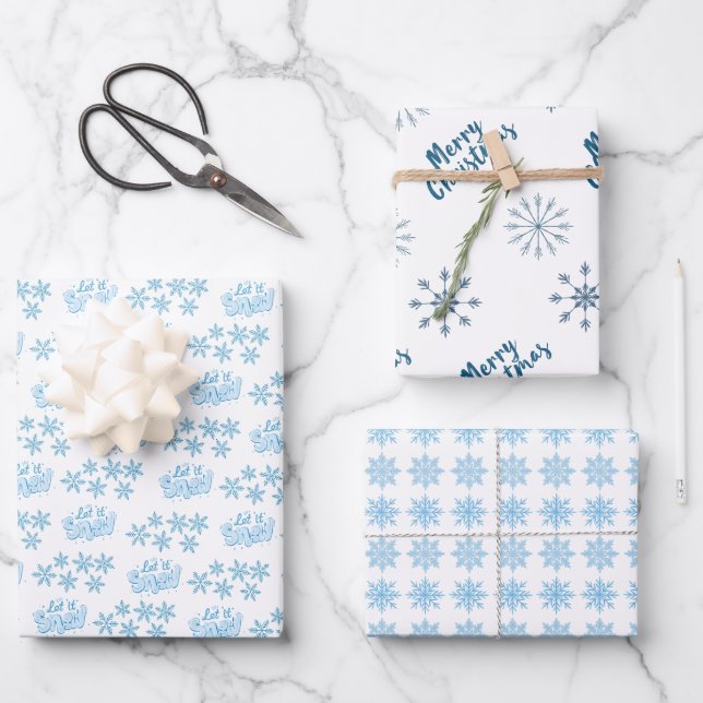 Nordic Blue Merry Christmas Let It Snow Snowflakes Wrapping Paper Sheets (Front)