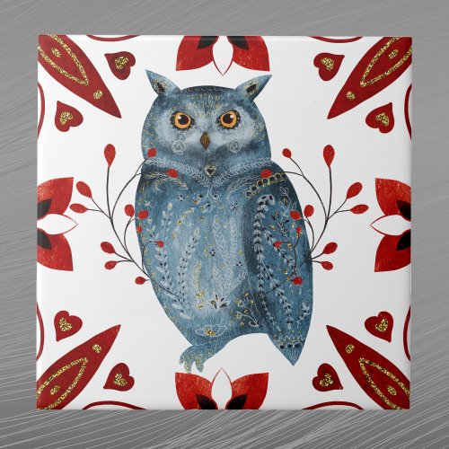 Nordic Blue Owl Watercolor Folk Art Ceramic Tile