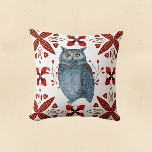 Nordic Blue Owl Watercolor Folk Art Throw Pillow