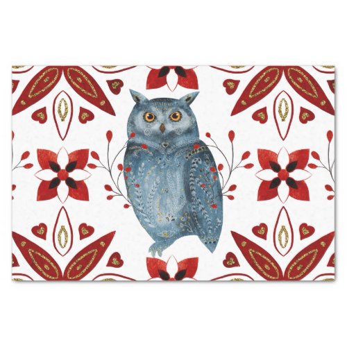 Nordic Blue Owl Watercolor Folk Art Tissue Paper