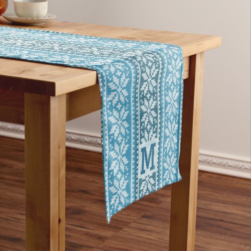 Nordic Blue Snowflake Faux Knit Sweater Monogram Short Table Runner