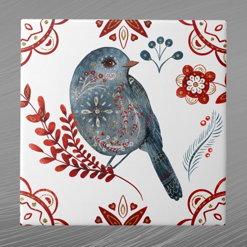 Nordic Blue Songbird Watercolor Folk Art Ceramic Tile