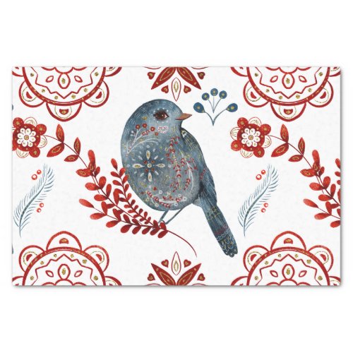 Nordic Blue Songbird Watercolor Folk Art Tissue Paper