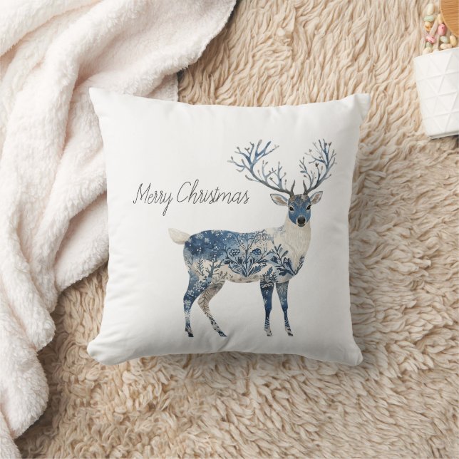 Nordic Blue White Deer Christmas Throw Pillow (Blanket)