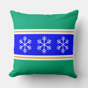 Nordic Bright Blue Green Stripes White Snowflakes Throw Pillow