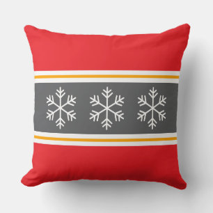 Nordic Bright Red Gray Stripes White Snowflakes Throw Pillow