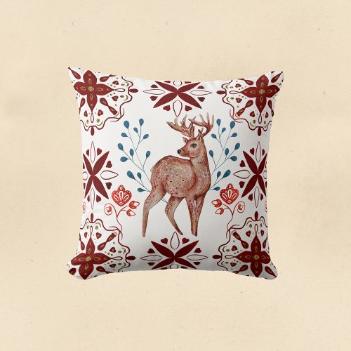 Nordic Brown Deer Folk Art Watercolor Throw Pillow