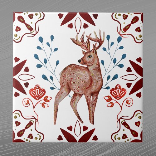 Nordic Brown Deer Watercolor Folk Art Ceramic Tile