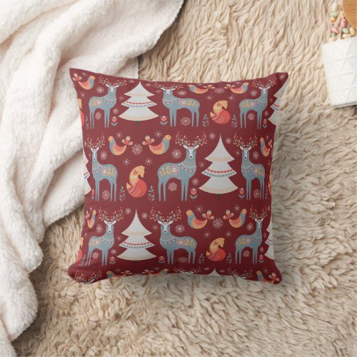 Nordic Burgundy Red Reindeer Christmas Tree Floral Throw Pillow