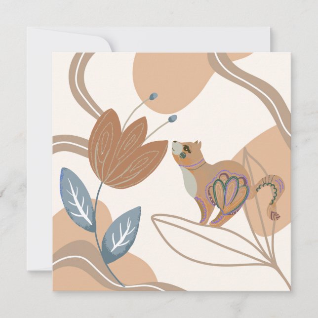 Nordic Cat and Flowers On Shades of Brown Note Card (Front)