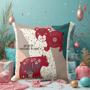 Nordic Christmas Bear Cat Snow Boho Bohemian Art Throw Pillow