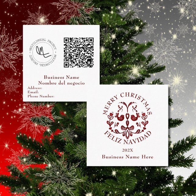 Nordic Christmas Bilingual Spanish Burgundy Square Business Card (Business Christmas cards Bilingual, Spanish custom text & details, QR code. Multilingual Project)