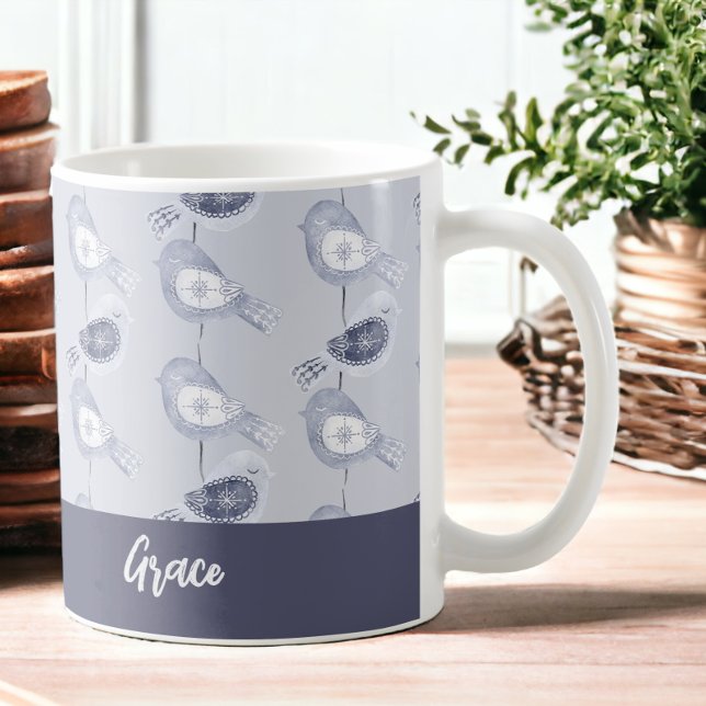 Nordic Christmas Blue Birds Personalized Coffee Mug (Nordic Christmas Blue Birds Personalized Coffee Mugs from Ricaso)