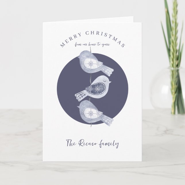 Nordic Christmas Blue Birds Photo Holiday Card (Front)