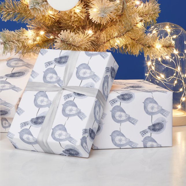 Nordic Christmas Blue Birds Wrapping Paper (Holidays)