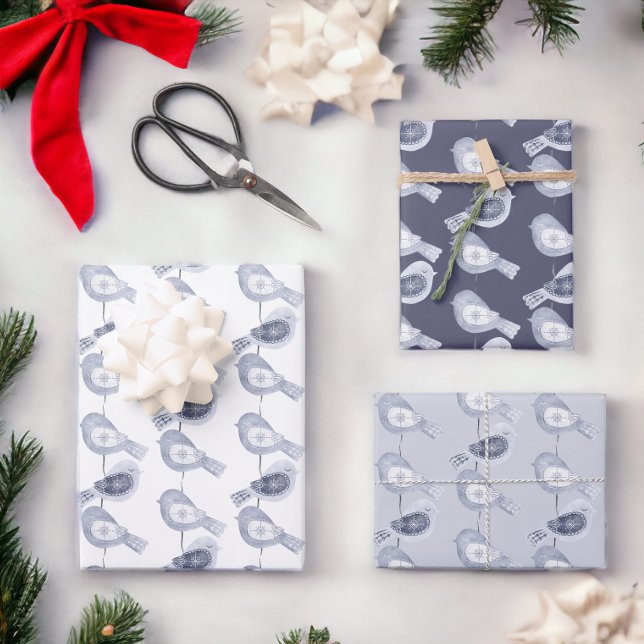Nordic Christmas Blue Birds Wrapping Paper Sheets (Blue and white Nordic Christmas bird wrapping papers from Ricaso)