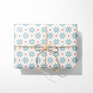 Nordic Christmas Blue Stars and Red Snowflakes Wrapping Paper