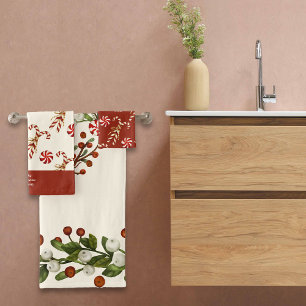 Nordic Christmas Candy Cane Wreath Custom Name Bath Towel Set