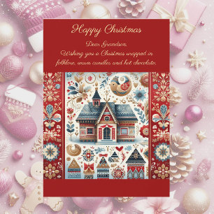 Nordic Christmas Cottage Scandinavian Village Red Holiday Card