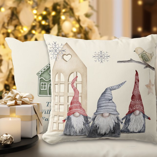 Nordic Christmas Gnomes & Home Custom Name Throw Pillow (Creator Uploaded)