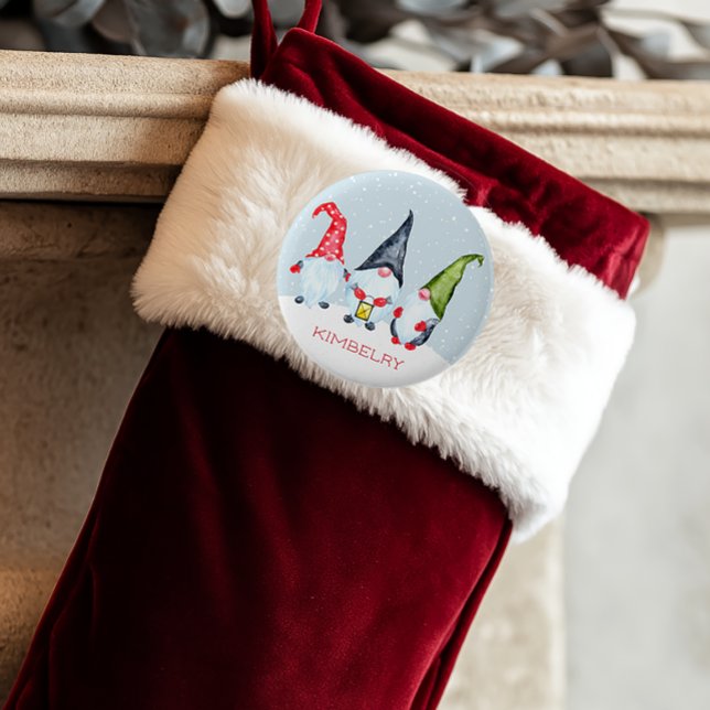 Nordic Christmas Gnomes Name Button (Personalized Christmas Stocking Name Tag)