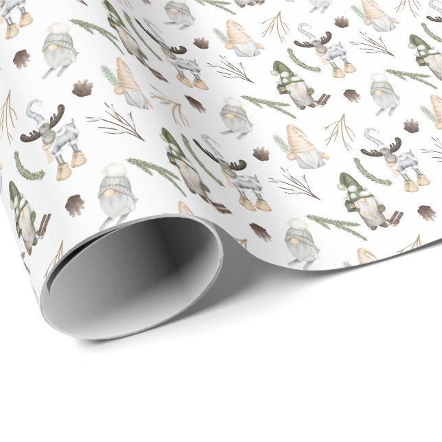 Nordic Christmas Holiday Festive Gnomes and Moose Wrapping Paper (Roll Corner)