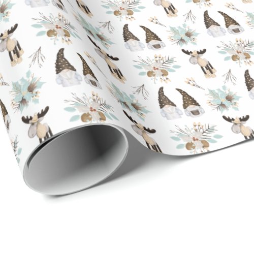 Nordic Christmas Holiday Festive Gnomes and Moose Wrapping Paper