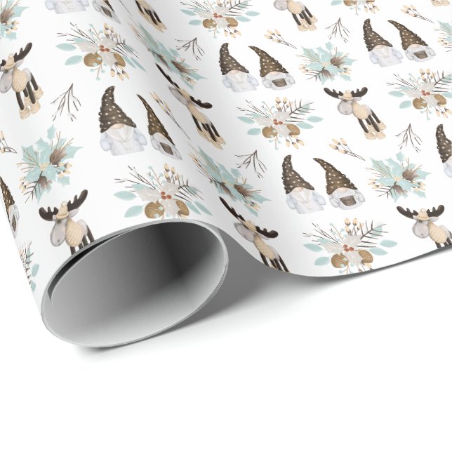 Nordic Christmas Holiday Festive Gnomes and Moose Wrapping Paper (Roll Corner)