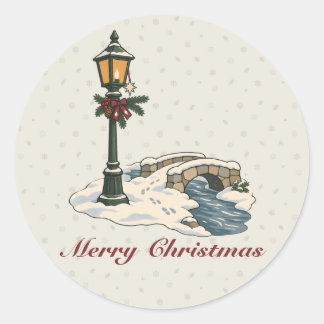 Nordic Christmas Lamppost by a Snowy Stone Bridge Classic Round Sticker