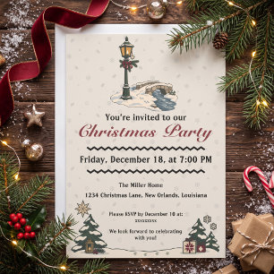 Nordic Christmas Lamppost by a Snowy Stone Bridge Invitation