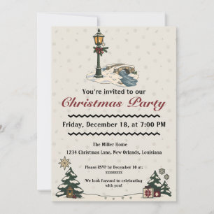 Nordic Christmas Lamppost by a Snowy Stone Bridge Invitation