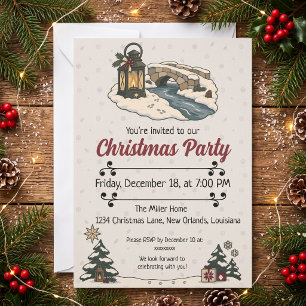 Nordic Christmas Lantern by a Snowy Stone Bridge Invitation