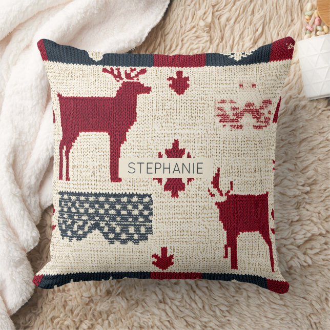 Nordic Christmas Patchwork | Knitted Reindeer (2) Throw Pillow (Blanket)