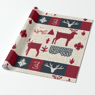 Nordic Christmas Patchwork   Knitted Reindeer (2) Wrapping Paper