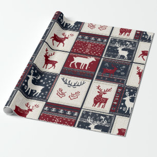 Nordic Christmas Patchwork   Knitted Reindeer Wrapping Paper
