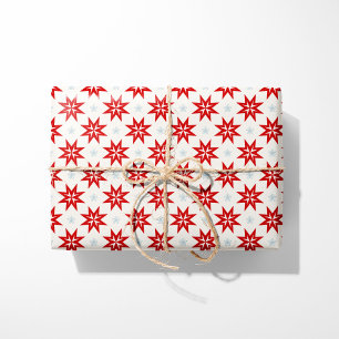 Nordic Christmas Red Stars and Blue Snowlfakes Wrapping Paper