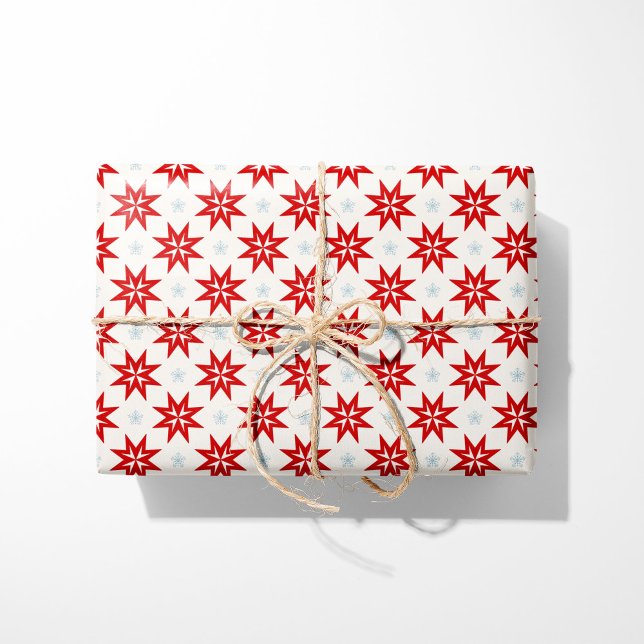 Nordic Christmas Red Stars and Blue Snowlfakes Wrapping Paper (Creator Uploaded)