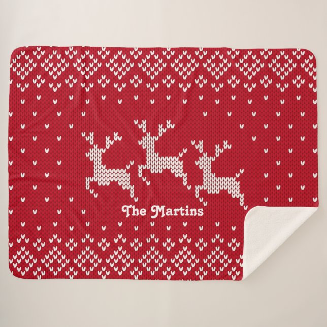 Nordic Christmas Reindeer Red & White Personalized Sherpa Blanket (Front (Horizontal))